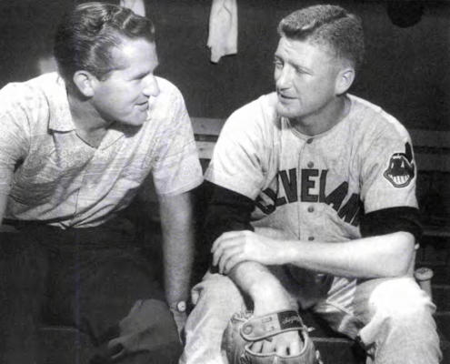 Merle Harmon interviews Herb Score. The 1955 American League Rookie of the Year winner later joined the baseball broadcasting fraternity after his career ended prematurely. (COURTESY OF MERLE HARMON)