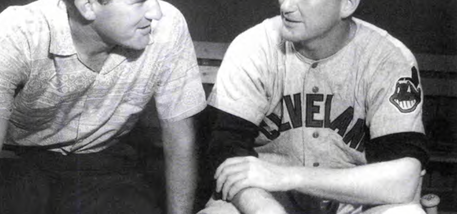 Merle Harmon interviews Herb Score. The 1955 American League Rookie of the Year winner later joined the baseball broadcasting fraternity after his career ended prematurely. (COURTESY OF MERLE HARMON)
