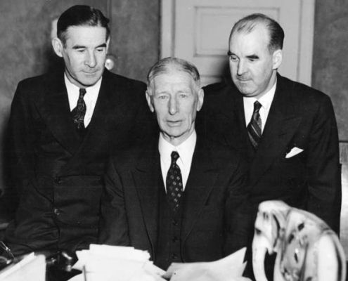 With the election of Connie Mack (center) as president of the Athletics in January 1937, the Mack family, including Earle (left) and Roy (right), now controlled all of the senior leadership positions in the club’s front office.