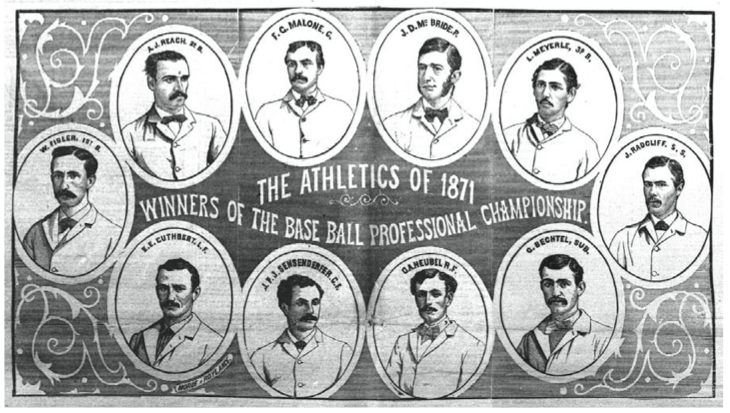 Clockwise from top left: Al Reach, Fergy Malone, Dick McBride, Levi Meyerle, John Radcliffe, George Bechtel, George Heubel, Count Sensenderfer, Ned Cuthbert, Wes Fisler.