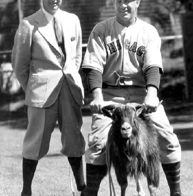 Cubs owner and first baseman pose in 1934 with … a goat. If only they had known.