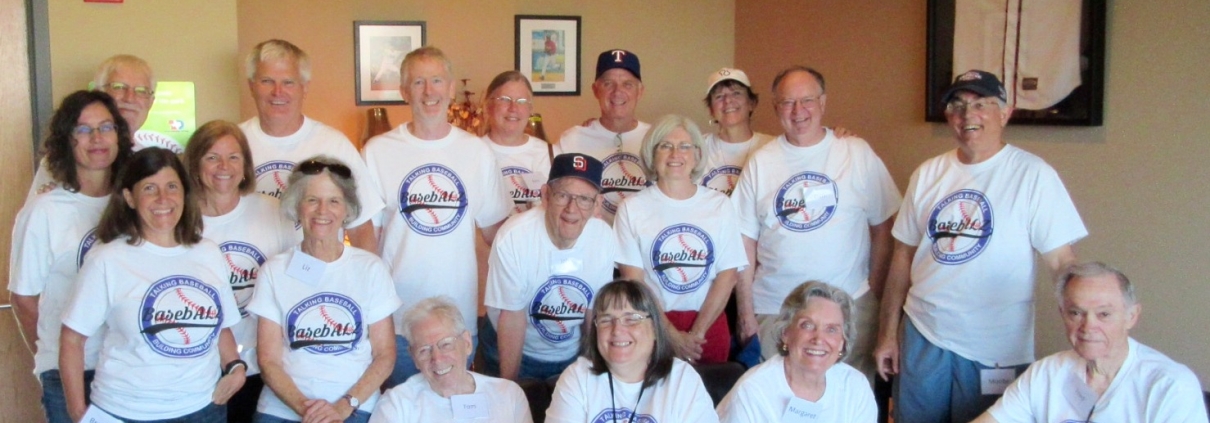 Participants, caregivers, volunteers, and spouses from the new BasebALZ program attend a baseball game on August 3, 2015, at Dell Diamond in Round Rock, Texas.