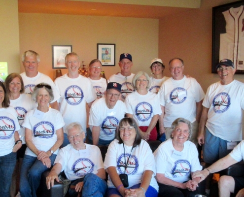 Participants, caregivers, volunteers, and spouses from the new BasebALZ program attend a baseball game on August 3, 2015, at Dell Diamond in Round Rock, Texas.