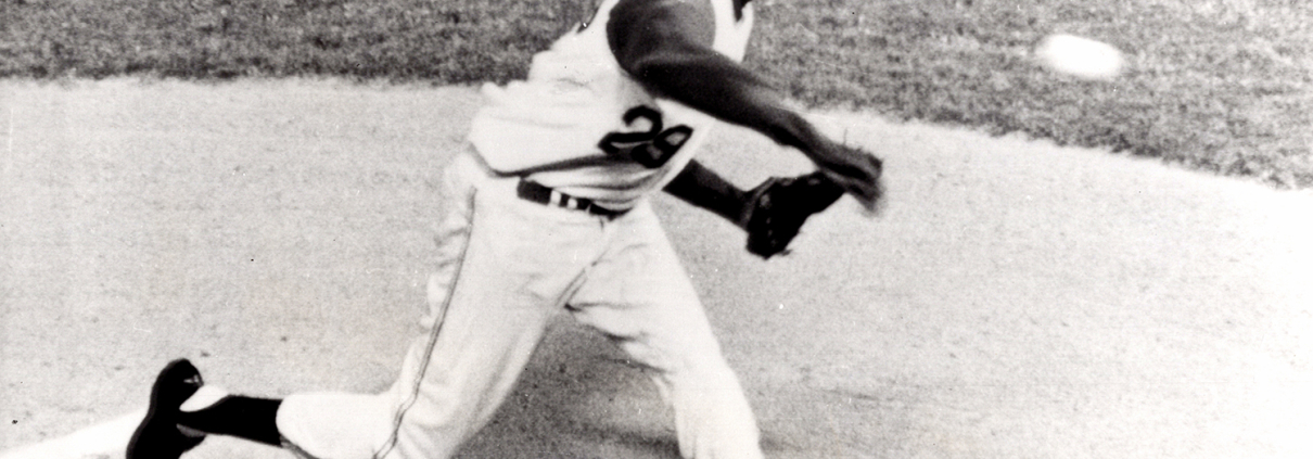 Satchel Paige pitching with the Kansas City Athletics in 1965. (SABR-Rucker Archive)