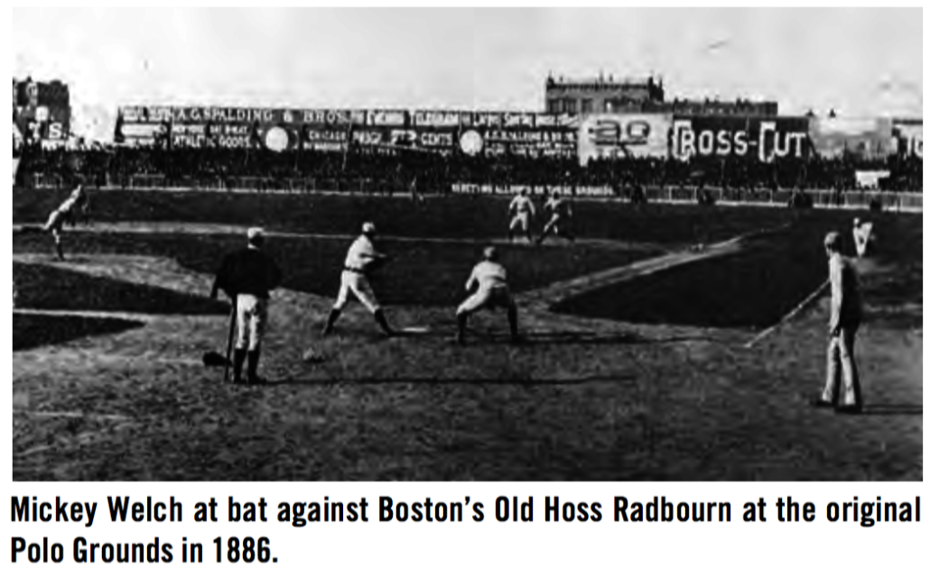 Mickey Welch at bat against Boston's Old Hoss Radbourn at the original Polo Grounds in 1886