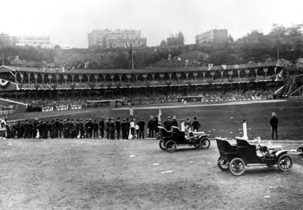 Coogan’s Bluff is visible in the background as fans watch the 1905 World Series from center field