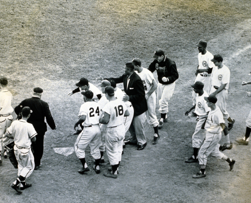 Stan Musial approaches home plate after hitting the game-winning home run in the 1955 Major League Baseball All-Star Game at County Stadium in Milwaukee, Wisconsin. (SABR-Rucker Archive)