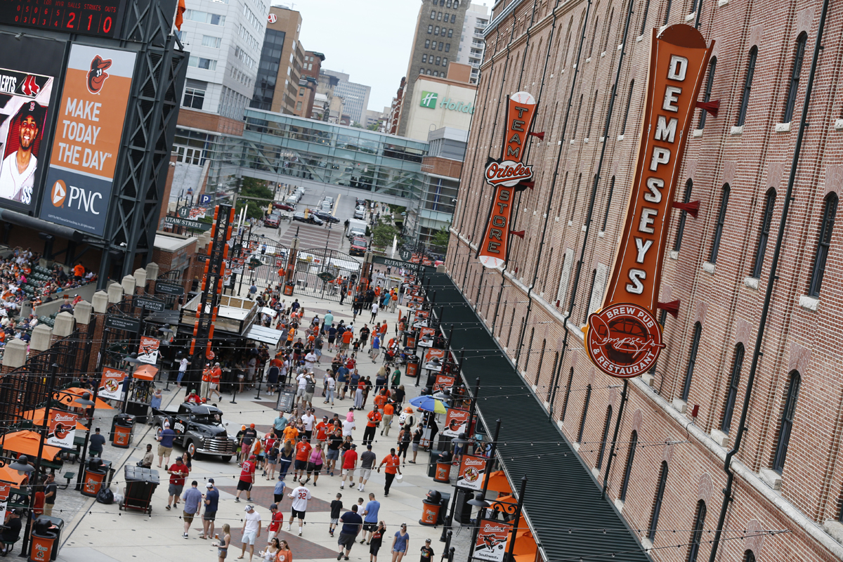 The Eutaw Street plaza next to the warehouse at Camden Yards (Courtesy of the Baltimore Orioles)