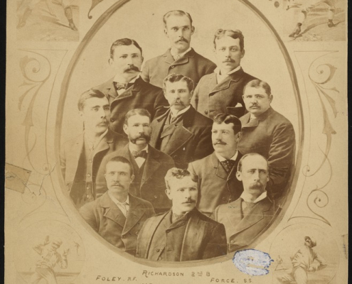 1882 Buffalo Bisons team portrait. Players are: outside, clockwise from top: Hardy Richardson, second baseman, Davy Force, shortstop, Pud Galvin, pitcher, Deacon White, third baseman, Purcell, left fielder, Tom Dolan, catcher, Jack Rowe, catcher, Foley, right fielder. Inside, clockwise from top: O'Rourke, manager, Dan Brouthers, first baseman, One Arm Daily, pitcher. (Courtesy of the Boston Public Library, Michael T. "Nuf Ced" McGreevy Collection)