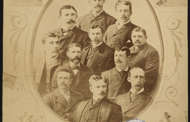 1882 Buffalo Bisons team portrait. Players are: outside, clockwise from top: Hardy Richardson, second baseman, Davy Force, shortstop, Pud Galvin, pitcher, Deacon White, third baseman, Purcell, left fielder, Tom Dolan, catcher, Jack Rowe, catcher, Foley, right fielder. Inside, clockwise from top: O'Rourke, manager, Dan Brouthers, first baseman, One Arm Daily, pitcher. (Courtesy of the Boston Public Library, Michael T. "Nuf Ced" McGreevy Collection)