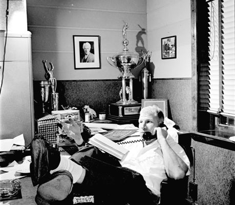 Bill Veeck in his office, Look Magazine shoot (NATIONAL BASEBALL HALL OF FAME LIBRARY)