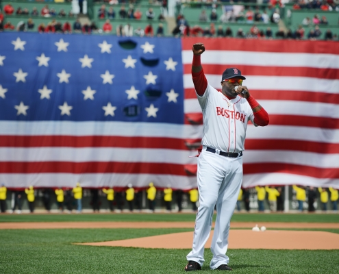 David Ortiz addresses the crowd at Fenway Park on April 20, 2013. (COURTESY OF MICHAEL IVINS / BOSTON RED SOX)
