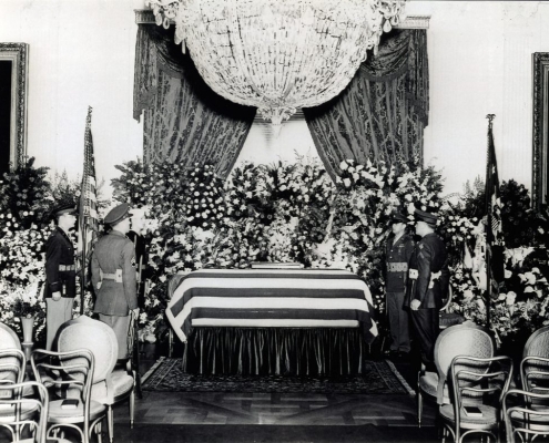 An all services honor guard with President Franklin D. Roosevelt's casket in the East Room of the White House, April 14, 1945. (FDR LIBRARY)