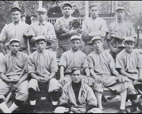 Schoolboy Babe Ruth (with catcher’s gear) pictured with his team from St. Mary's Industrial School, and three of the Xaver- ian brothers who ran the school (in the gazebo). (PUBLIC DOMAIN)