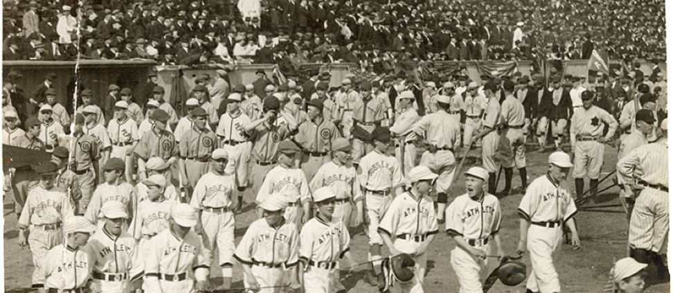 Local baseball teams parade through Harrison Park in New Jersey on Opening Day of the Federal League season on April 16, 1915 (NEWARK PUBLIC LIBRARY)