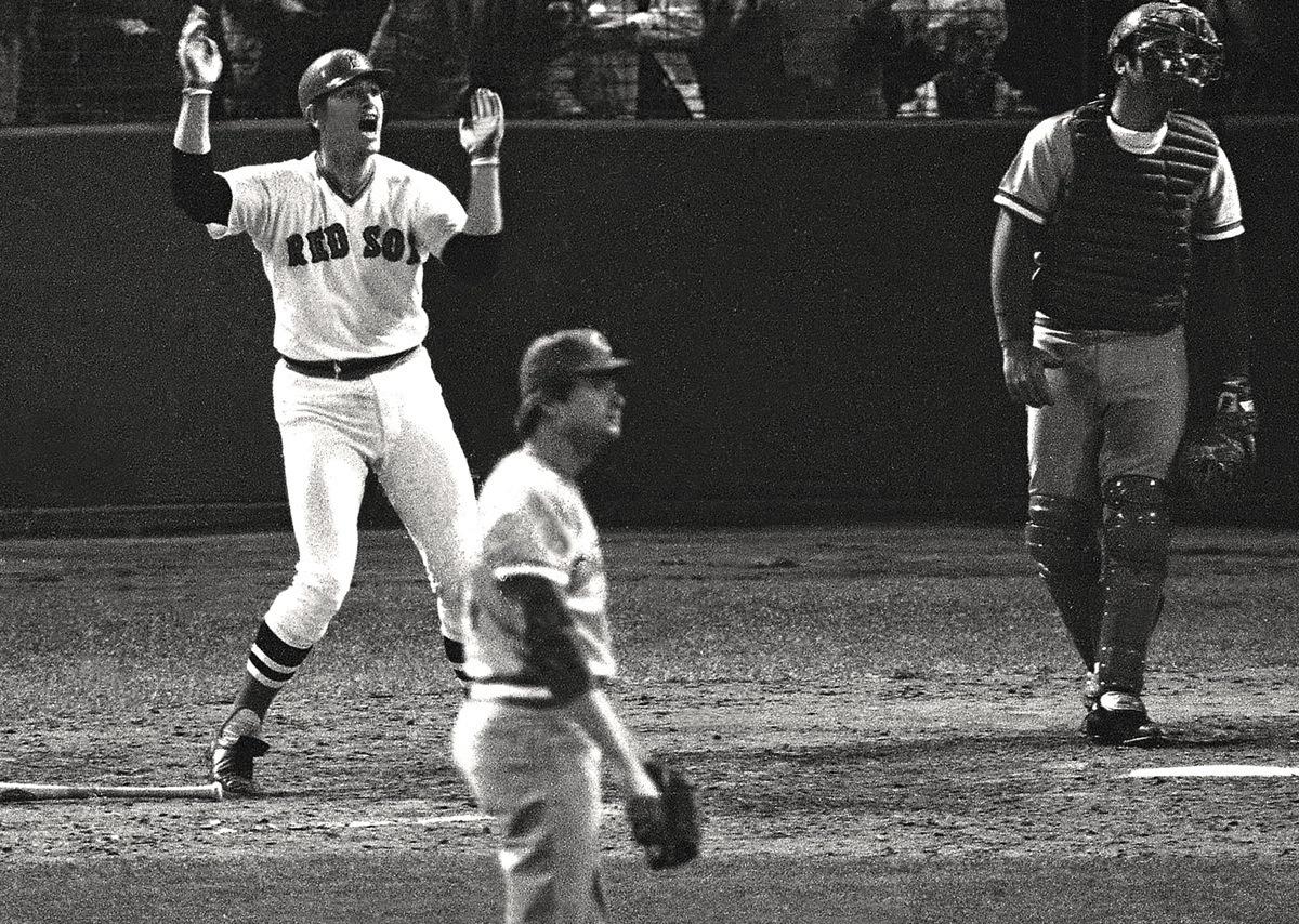 Carlton Fisk waves his game-winning home run fair in Game 6 of the 1975 World Series (BOSTON RED SOX)