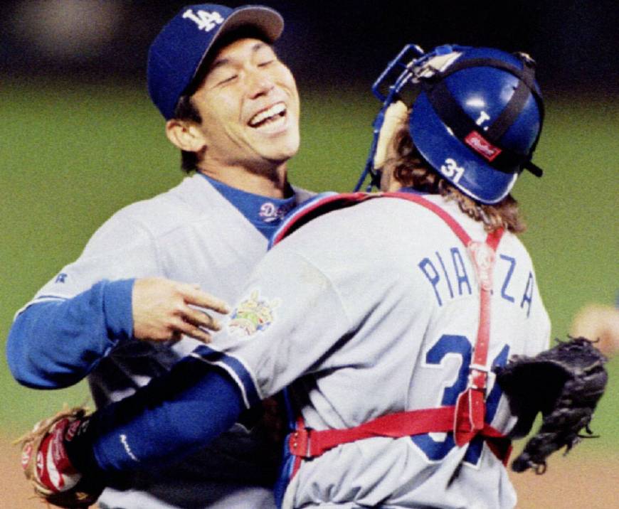 Hideo Nomo celebrates his no-hitter at Coors Field in 1996 (LOS ANGELES DODGERS)