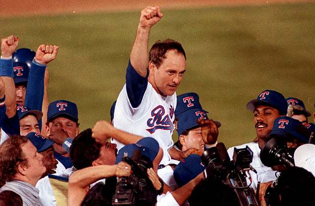 Nolan Ryan celebrates his 7th no-hitter on May 1, 1991 (MLB.COM)