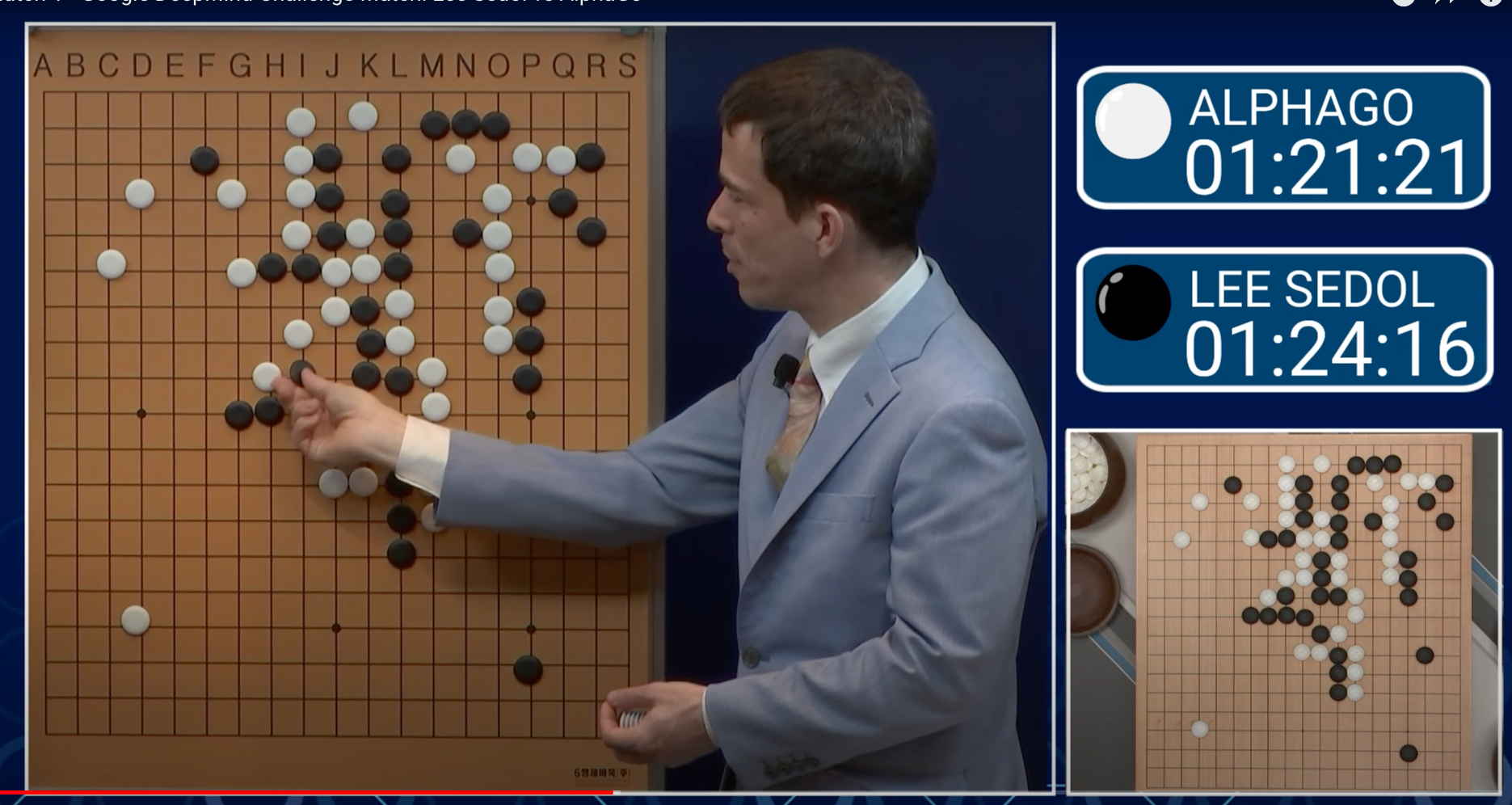 Using machine learning, AlphaGo taught itself the game of Go, and in 2016 beat 18-time world champion Lee Sedol. Pictured here is Go professional Michael Redmond providing a play-by-play commentary on the AlphaGo/Sedol match. (DEEPMIND)