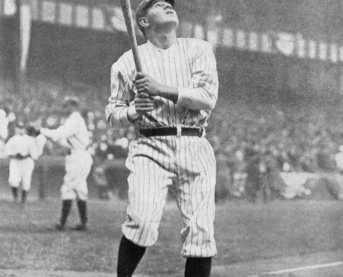 Babe Ruth swinging at the Polo Grounds in 1921 (SABR-RUCKER ARCHIVE)
