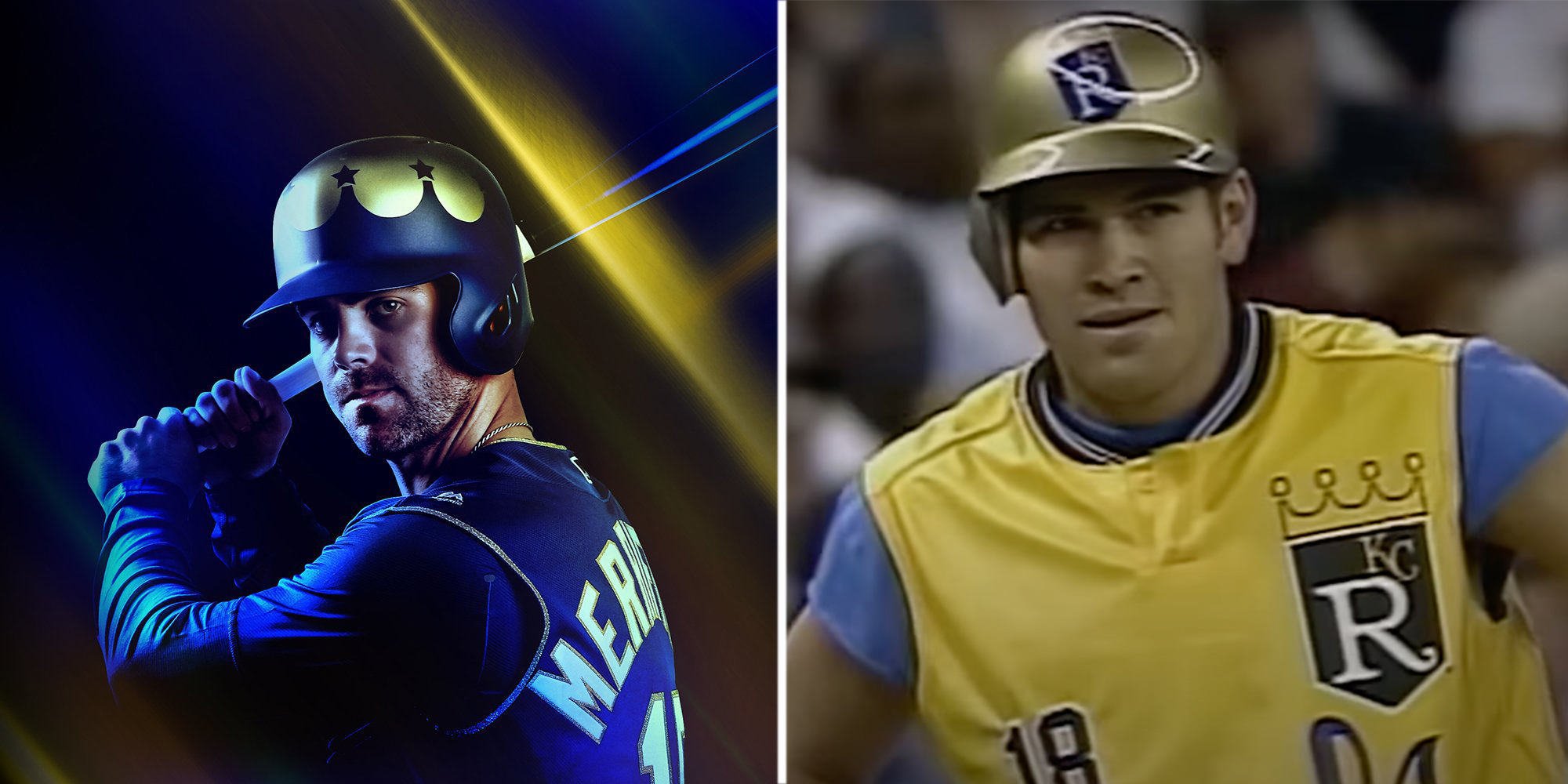 The Kansas City Royals had so much fun on Turn Ahead the Clock Night, they decided to bring the promotion back for its 20th anniversary in 2018. Pictured here are (L) Whit Merrifield in 2018 and (R) Johnny Damon in 1998. (KANSAS CITY ROYALS)