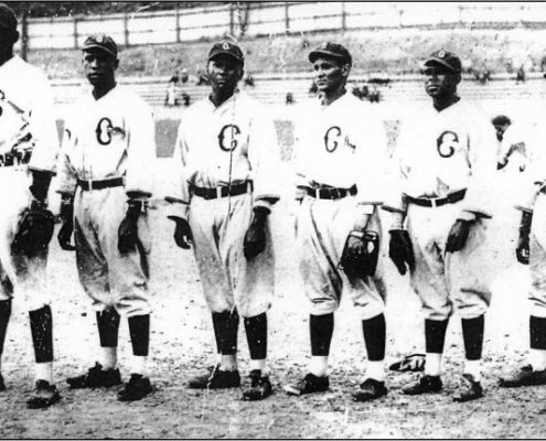1934 Pittsburgh Crawfords pitchers, from left: Satchel Paige, Leroy Matlock, William Bell, Harry Kincannon, Sam Streeter, and Bertrum Hunter. All were expected to return in 1935, but Paige held out and Bell joined the Brooklyn Eagles in midseason. (CENTER FOR NEGRO LEAGUE BASEBALL RESEARCH)