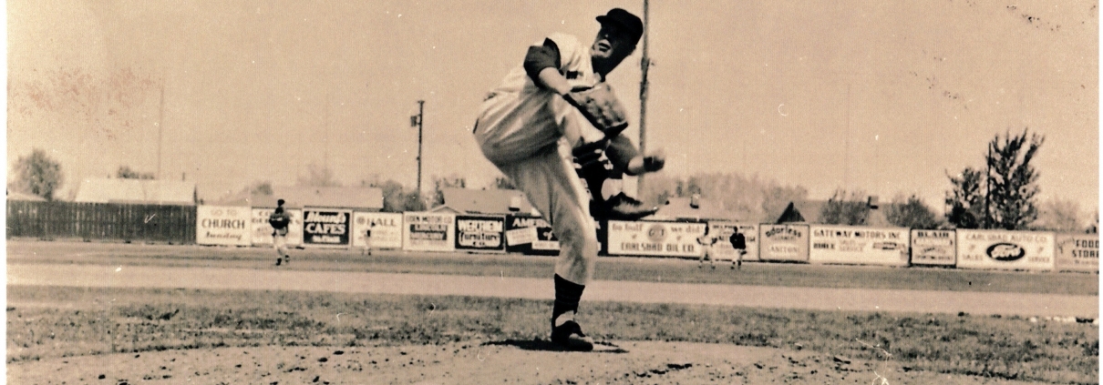 Pitcher Gordon Zabasky winds up on the mound at Montgomery Field, April 1957 (Courtesy of Near Loving's Bend Photo Archives | www.senmhs.org)