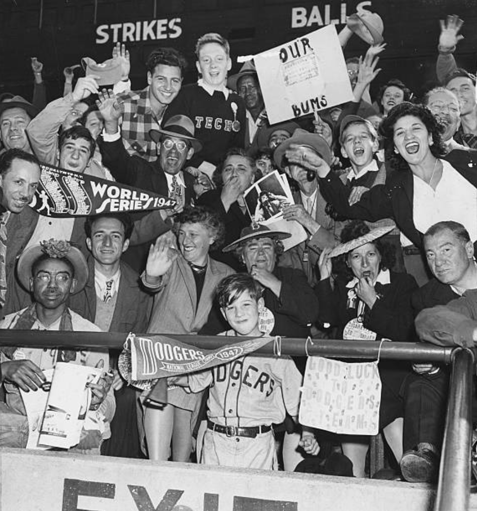At the 1947 World Series Brooklyn Dodger fans in Ebbets Field celebrate with pennants and signs. (SABR-RUCKER ARCHIVE)