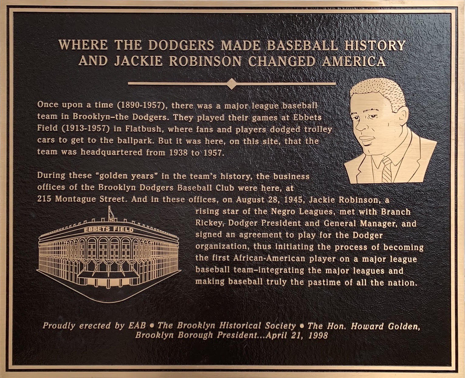 This historical marker lives at 215 Montague Street in Brooklyn, where Jackie Robinson and Branch Rickey met for the first time at the Dodgers offices on August 28, 1945. (COURTESY OF JAY JAFFE)