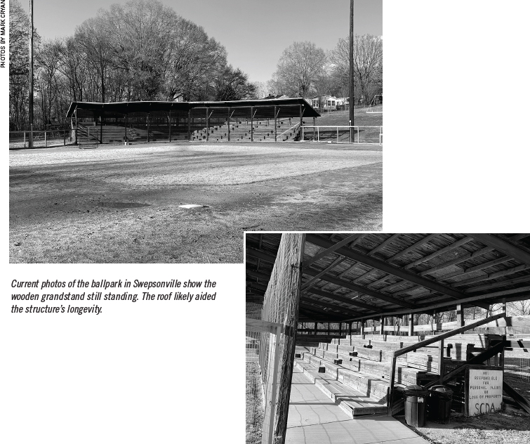 Current photos of the ballpark in Swepsonville show the wooden grandstand still standing. The roof likely aided the structure's longevity. (COURTESY OF MARK CRYAN)