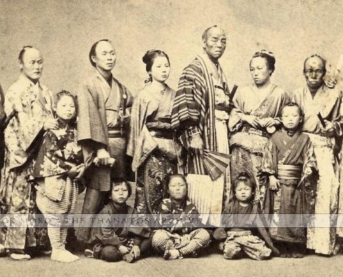 Of the 13 members of the Yeddo Royal Japanese Troupe, eight of them — including a 10-year-old boy — were among the first Japanese to play baseball in the U.S. Yamamoto Kinjiro, third from right, played third base for the Japanese team, and was called the “Belle of Japan” because he walked on a tightrope wearing a woman’s costume, a common performance in 19th-century Japan. Courtesy of the Thanatos Archive.