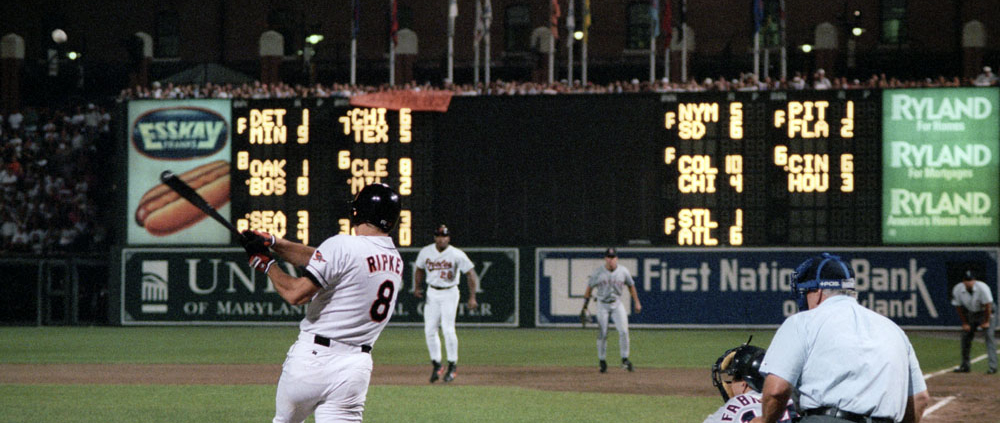 Cal Ripken Jr. homers on September 6, 1995, during his 2,131st consecutive game (COURTESY OF THE BALTIMORE ORIOLES)