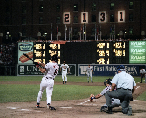 Cal Ripken Jr. homers on September 6, 1995, during his 2,131st consecutive game (COURTESY OF THE BALTIMORE ORIOLES)