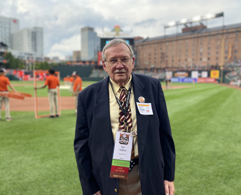 SABR founding member Tom Hufford on the field at Camden Yards before the Orioles ballgame on August 19, 2022