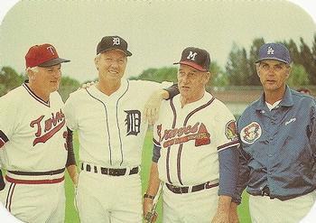 1986 Sportsco Living Legends baseball card featuring Harmon Killebrew, Al Kaline, Warren Spahn, and Hoyt Wilhelm (Trading Card Database)