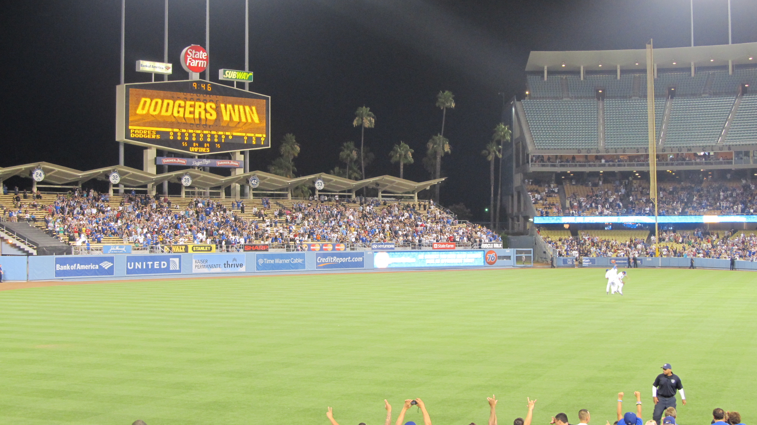 Scoreboard at Dodger Stadium shows the Dodgers' 1-0 win on July 8, 2011, at SABR 41 (Photo: Jacob Pomrenke)