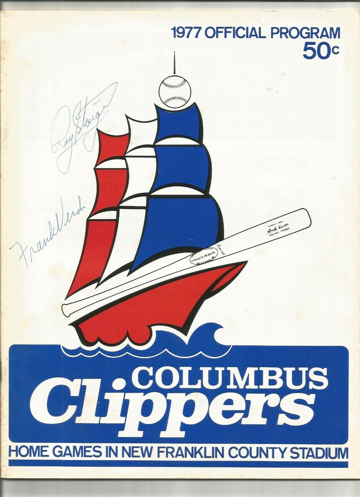 1977 Columbus Clippers program, autographed by Clippers manager Frank Verdi and infielder Roy Staiger (Courtesy of Tom Hufford)