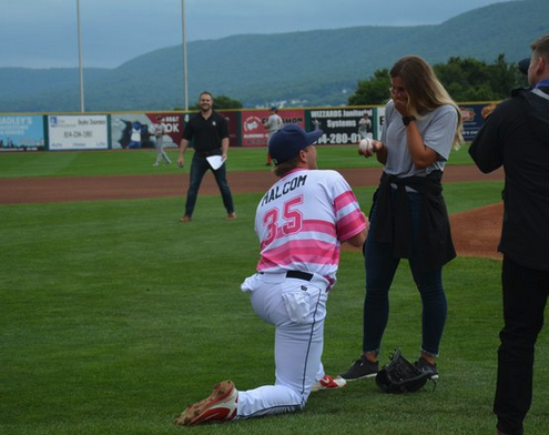 Cory Malcom proposed to his girlfriend, Kayla Turner, prior to notching his second win of the season on July 22, 2018. (State College Spikes)