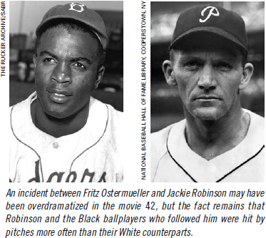 An incident between Fritz Ostermueller and Jackie Robinson may have been overdramatized in the movie 42, but the fact remains that Robinson and the Black ballplayers who followed him were hit by pitches more often than their White counterparts.