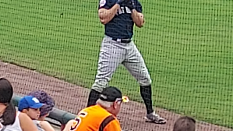 Giancarlo Stanton stands in the on-deck circle for the Somerset Patriots in a minor-league rehab game on August 21, 2022, at Bowie, Maryland. (Courtesy of Jeff Orner)