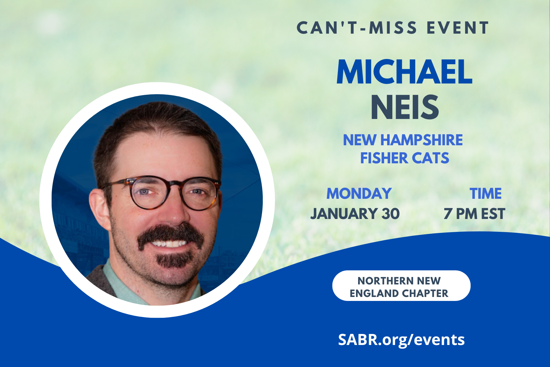 At 7:00 p.m. EST on Tuesday, January 30, SABR's Northern New England Chapter, in concert with the Gardner-Waterman Vermont Chapter, will host Michael Neis, the new General Manager of the New Hampshire Fisher Cats for a Zoom session. All baseball fans are welcome to attend.
