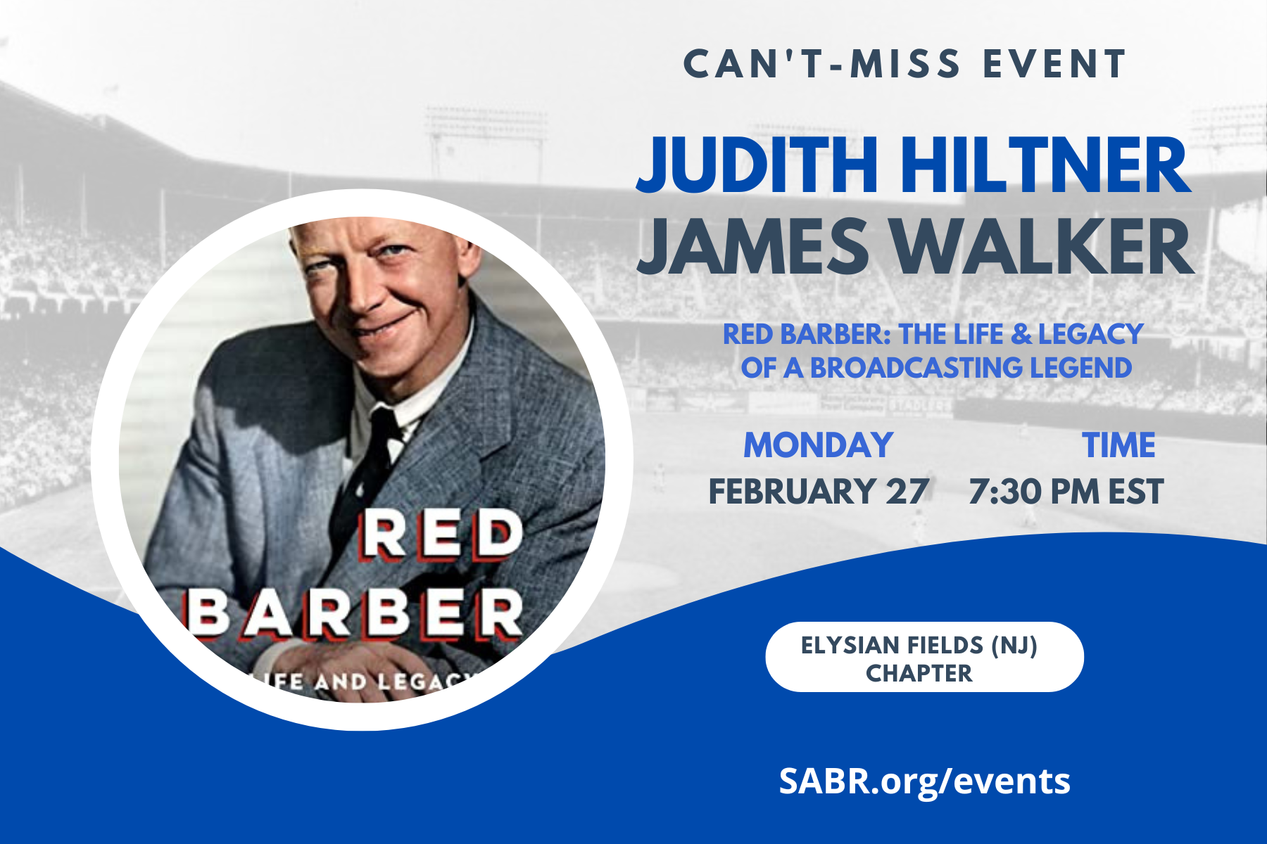 SABR’s Elysian Fields Chapter in Northern New Jersey will have its next Zoom chapter meeting on Monday, February 27 at 7:30-8:30 p.m. ET.   Our guest speakers are Judith R. Hiltner and James R. Walker, authors of Red Barber: The Life and Legacy of a Broadcasting Legend.  SABR members wishing to receive the Zoom access information should email david@davidkrell.com.