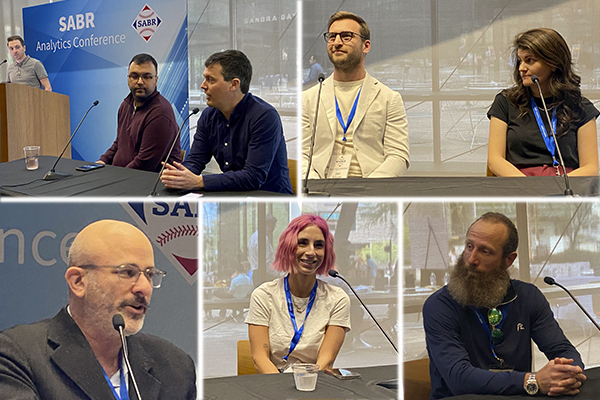 2023 SABR Analytics Conference panelists (clockwise from top left): Mike Petriello, Jason Bernard and Dana Bennett of MLB, Jake Schuster of Gemini Sports and Meg Rowley of FanGraphs, former MLB pitcher Dallas Braden, Hannah Keyser of Yahoo! Sports, and MLB front office executive Ari Kaplan