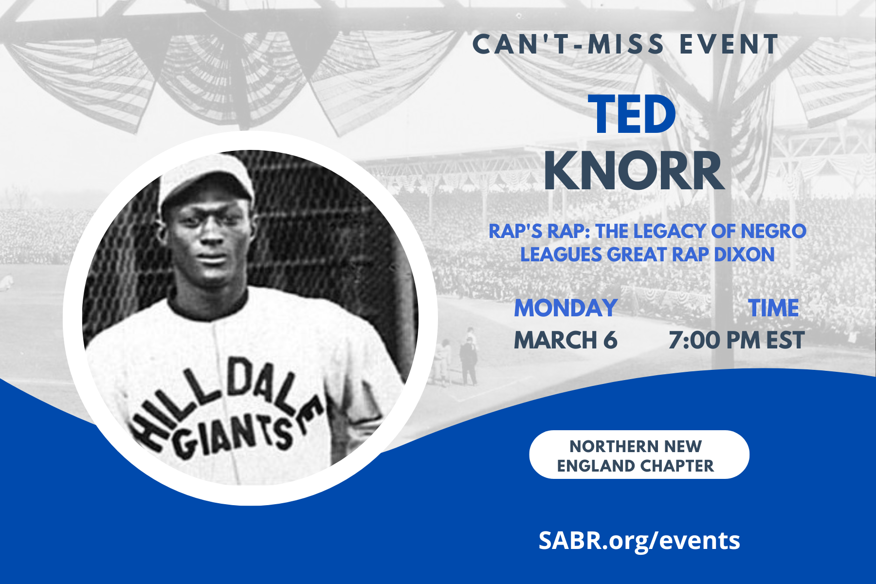 SABR's Northern New England Chapter, in conjunction with the Gardner-Waterman (VT) Chapter will hold a virtual meeting Monday, March 6, 2023 at 7 PM ET. All baseball fans are invited!

Our guest this evening will be Ted Knorr. 
 

Please register in advance for this meeting:
https://zoom.us/meeting/register/tJMtcumrrjgoH9LgjrnYo9mTE3-Rh1dEUisO