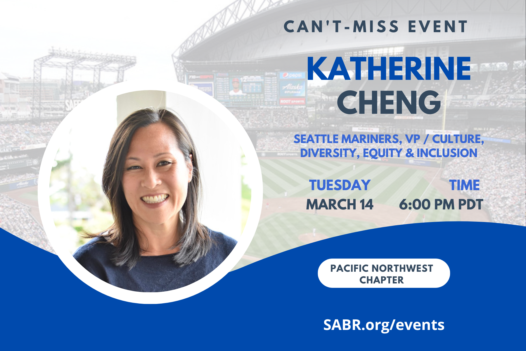 SABR's Northwest Chapter will hold a virtual Zoom meeting on Tuesday, March 14, 2023, at 6:00 PM Pacific Time. All baseball fans are invited to attend. The guest speaker will be Katherine Cheng, the VP of Culture and Diversity, Equity, and Inclusion for the Seattle Mariners. She will be speaking to our chapter about building an inclusive organizational culture at the big league level.