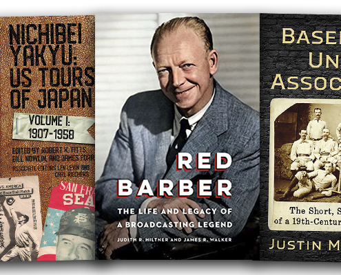 2023 SABR Baseball Research Award winners: Robert K. Fitts, Bill Nowlin, and James Forr for "Nichibei Yakyu: US Tours of Japan, 1907-1958"; Judith R. Hiltner and James R. Walker for "Red Barber: The Life and Legacy of a Broadcasting Legend"; and Justin Mckinney for "Baseball's Union Association: The Short, Strange Life of a 19th-Century Major League"