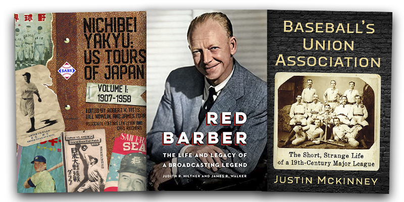 2023 SABR Baseball Research Award winners: Robert K. Fitts, Bill Nowlin, and James Forr for "Nichibei Yakyu: US Tours of Japan, 1907-1958"; Judith R. Hiltner and James R. Walker for "Red Barber: The Life and Legacy of a Broadcasting Legend"; and Justin Mckinney for "Baseball's Union Association: The Short, Strange Life of a 19th-Century Major League"