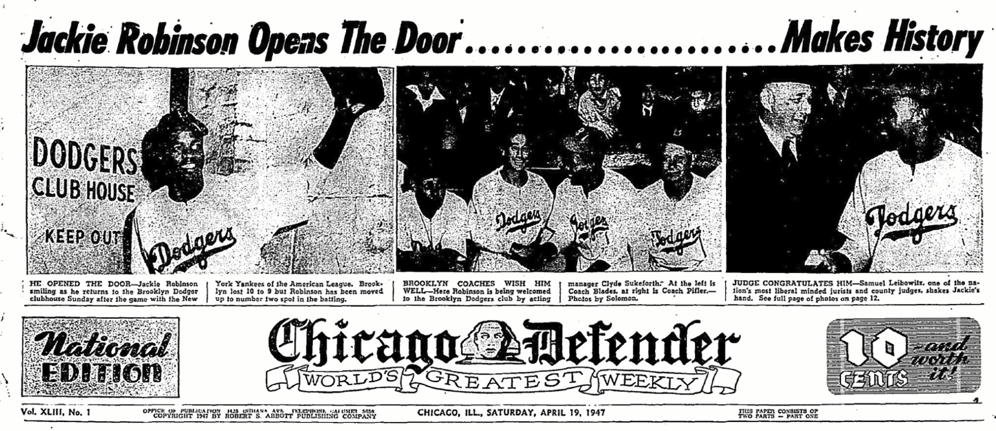Chicago Defender headline showing Jackie Robinson