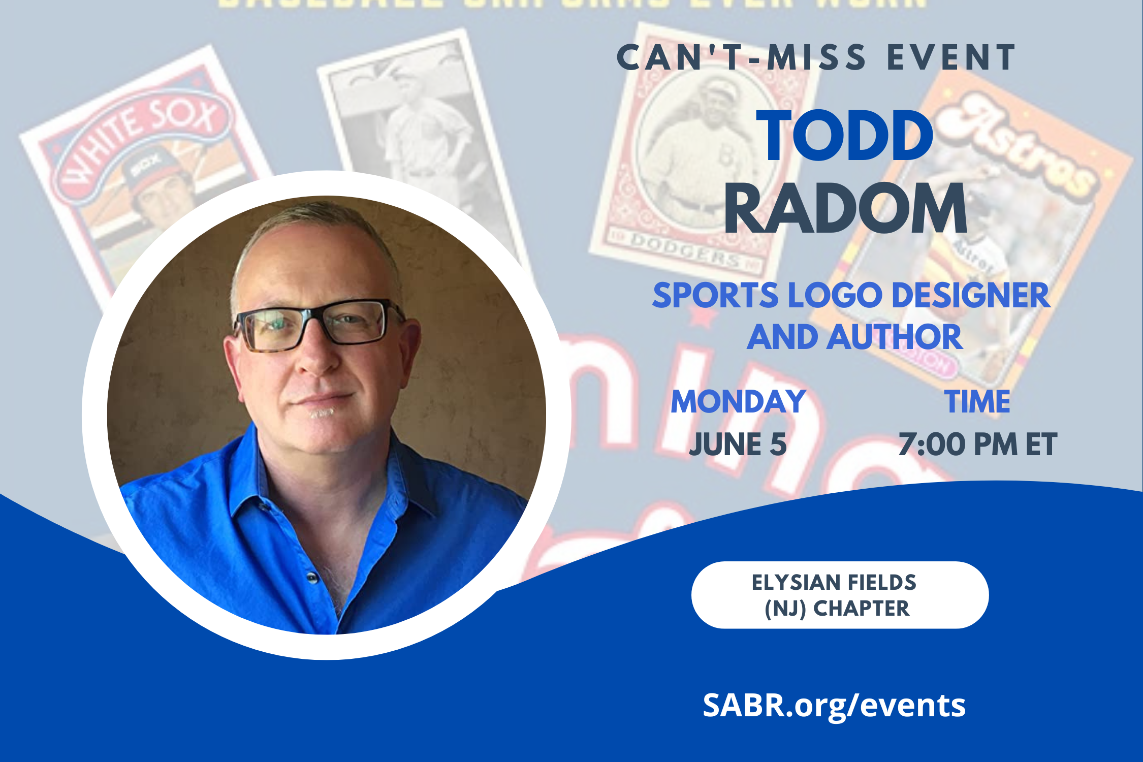 SABR’s Elysian Fields Chapter in Northern New Jersey will have its next Zoom chapter meeting on Monday, June 5 at 7:00-8:30 p.m. ET. All baseball fans are welcome to attend. Our guest speaker is SABR member and sports logo designer Todd Radom.