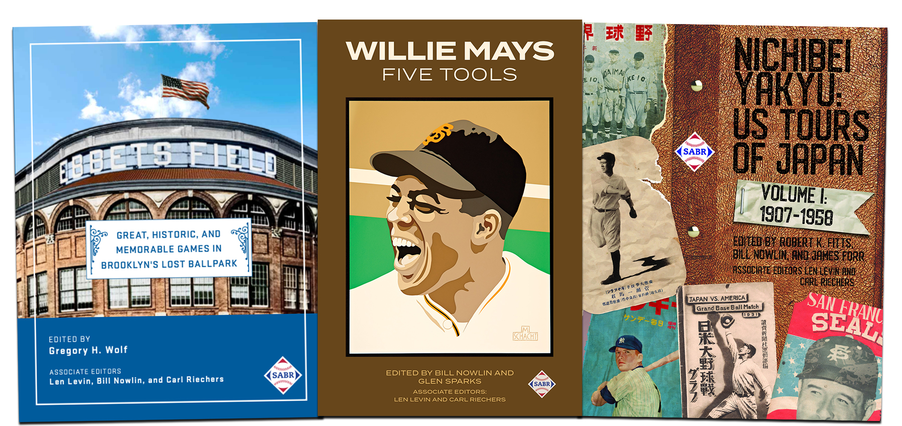 Book covers of new SABR publications about Ebbets Field, Willie Mays, and baseball tours of Japan